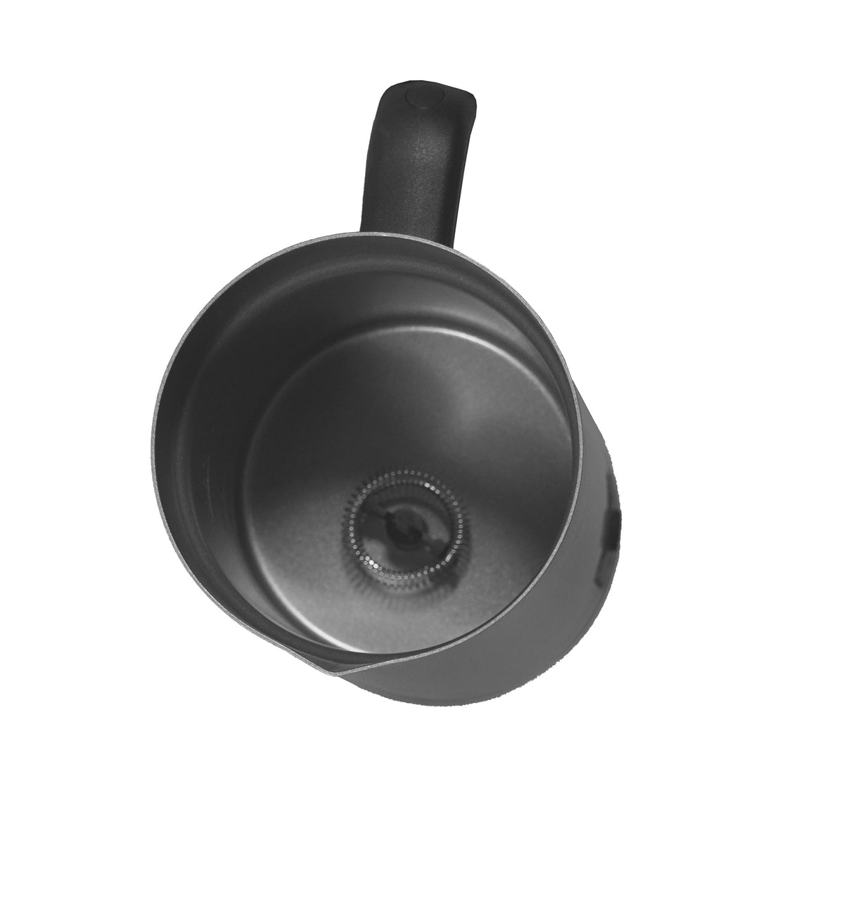 Black frother attachment and whisk head underside on a stainless steel base