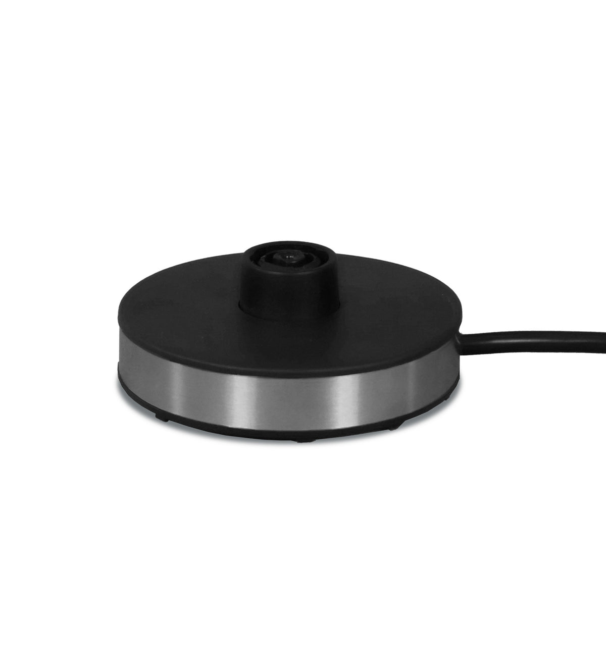 Stainless steel milk frother base with central black lid and cord