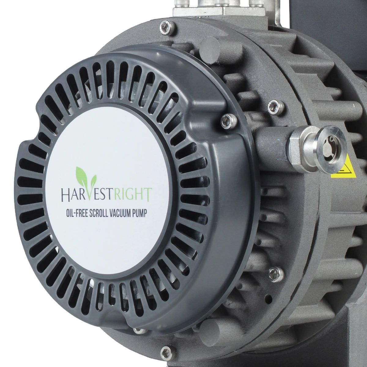 Harvest Right oil-free vacuum pump close-up of vented grille and logo