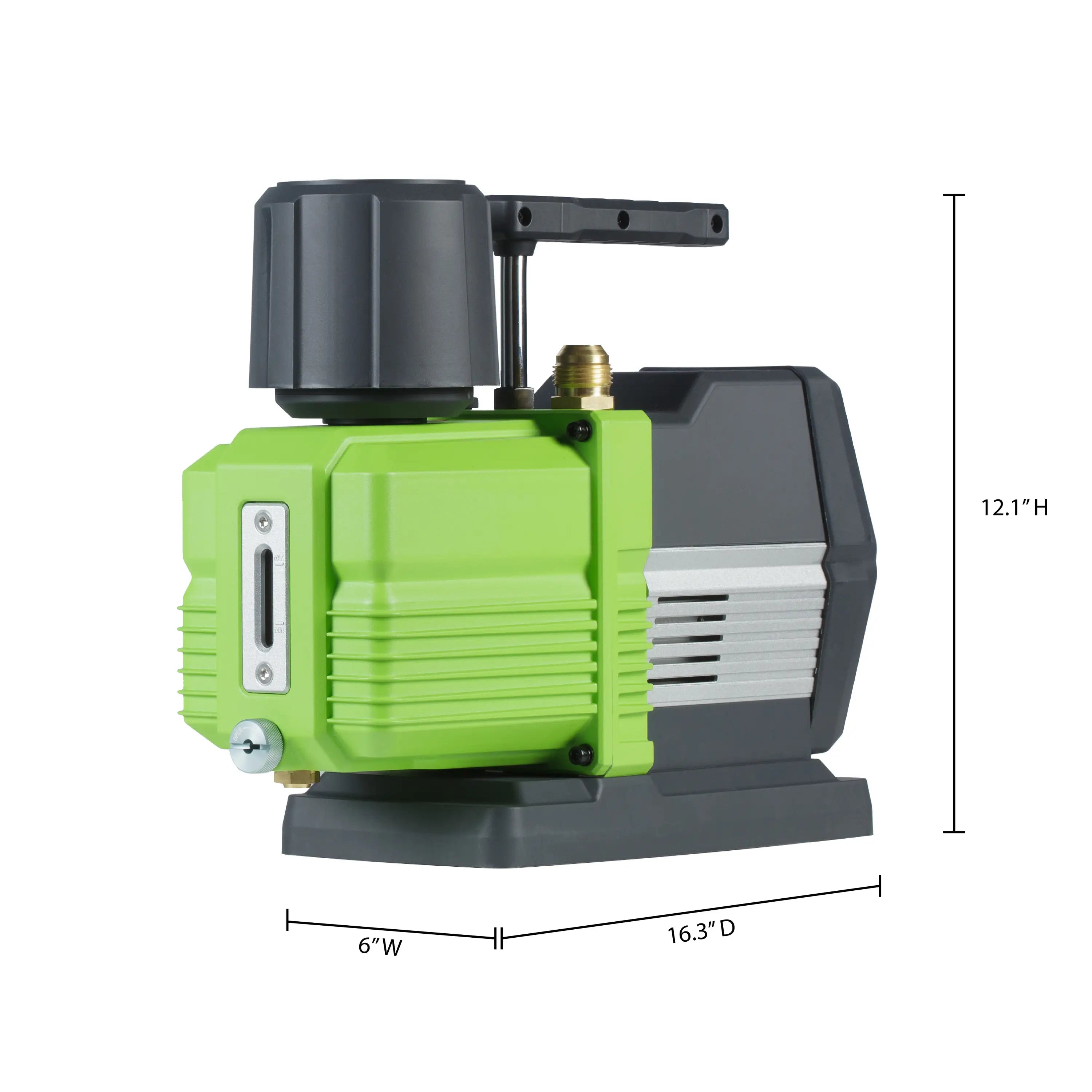 Industrial pump dimensions 12.1H x 6W x 16.3D; green body and black motor housing