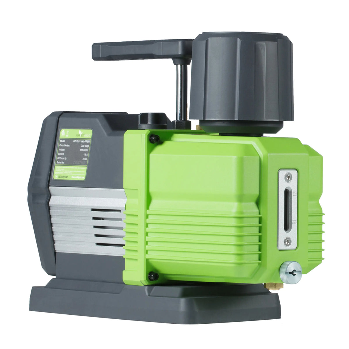 Green and gray industrial vacuum pump with handle and status display