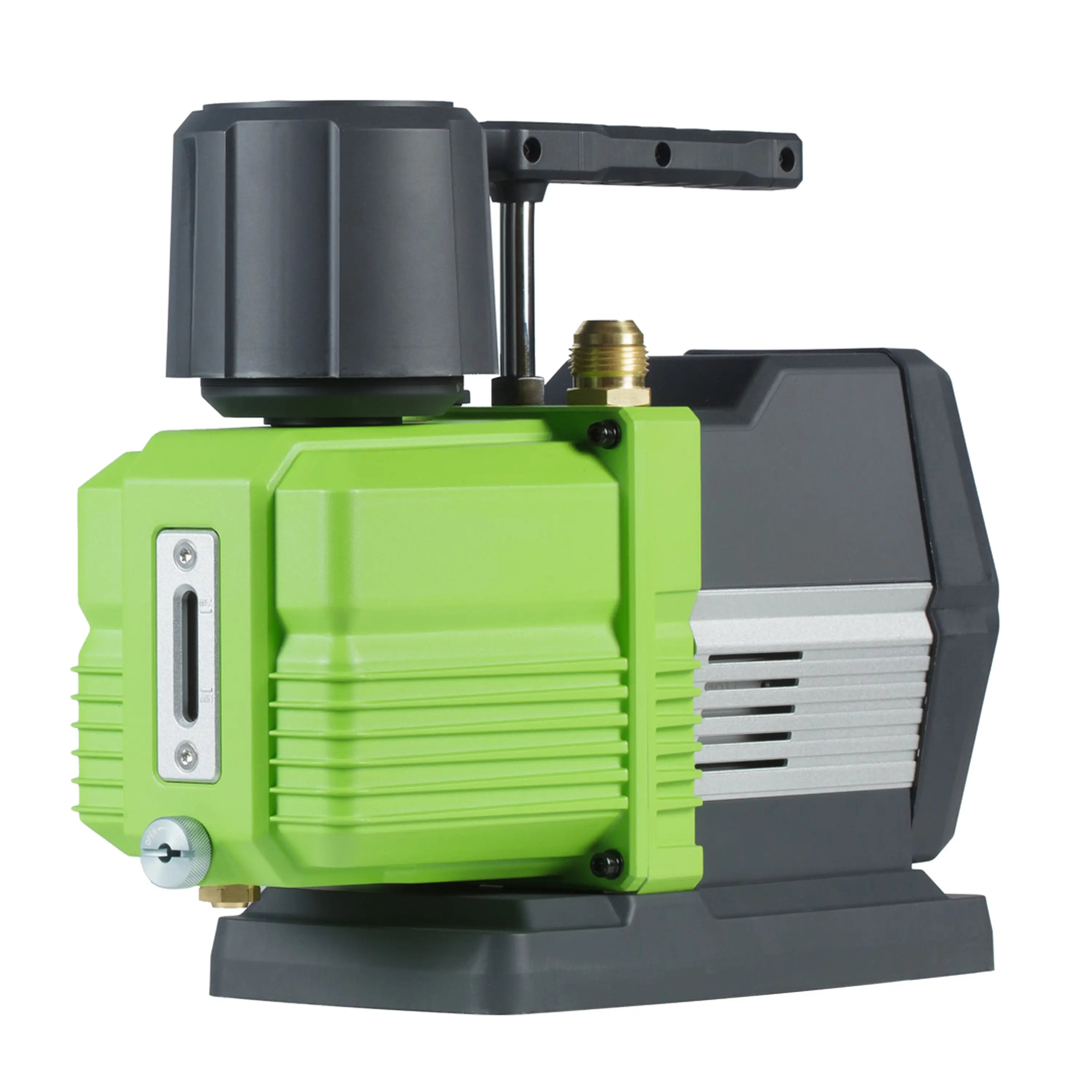 Industrial pump with green housing, black vented motor, brass fitting, and side handle