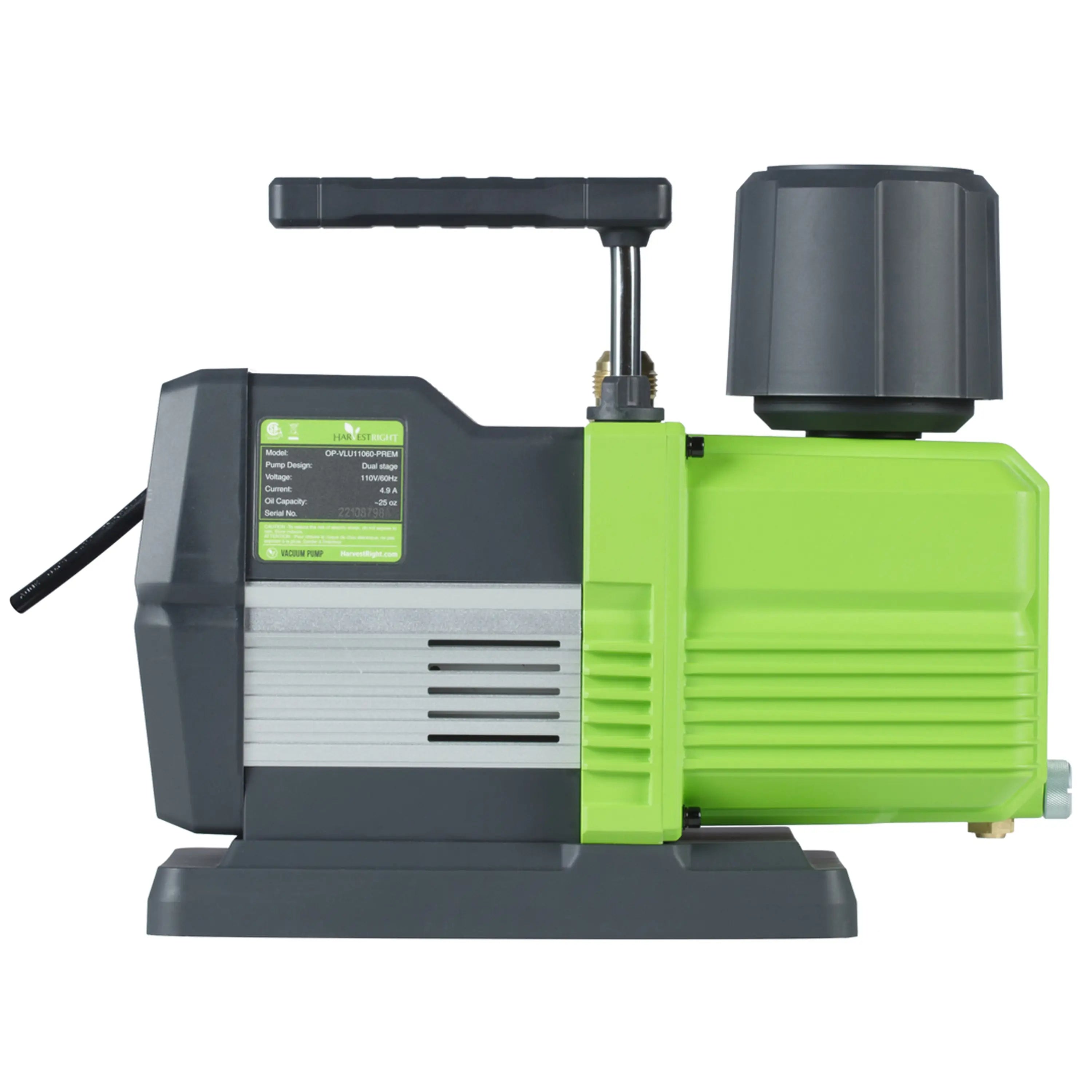 Green and black industrial vacuum pump with label, side handle, and top motor housing
