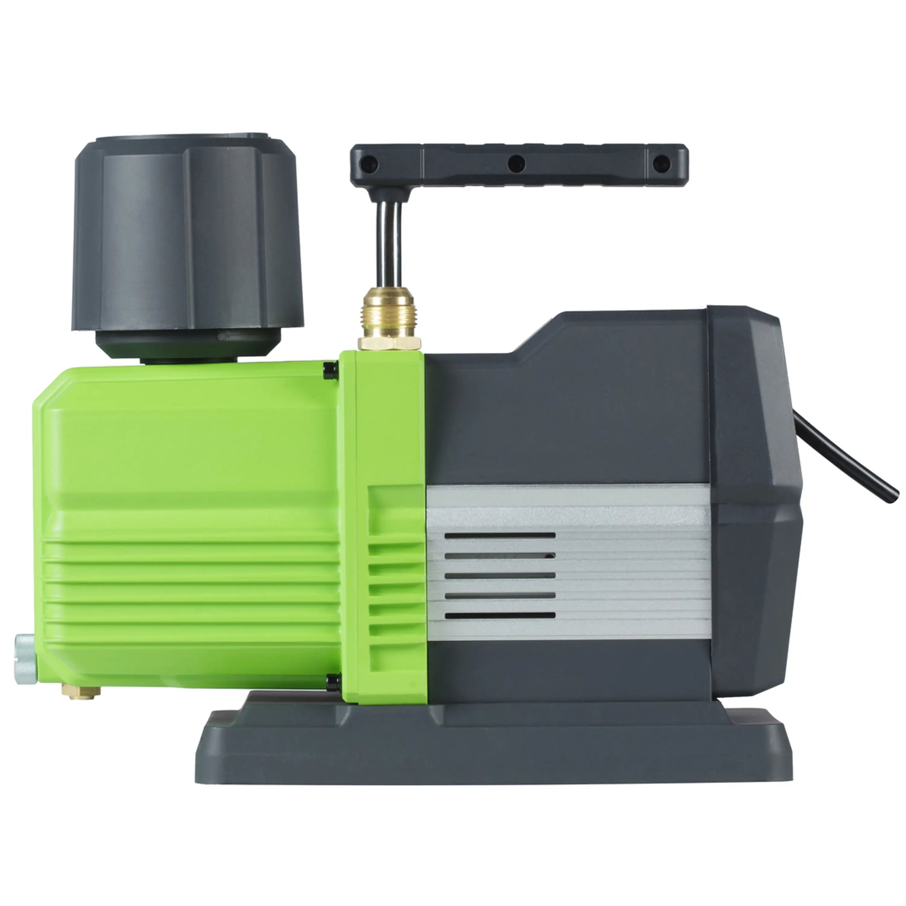 Green industrial pump with black motor housing, brass connector, and extended side handle