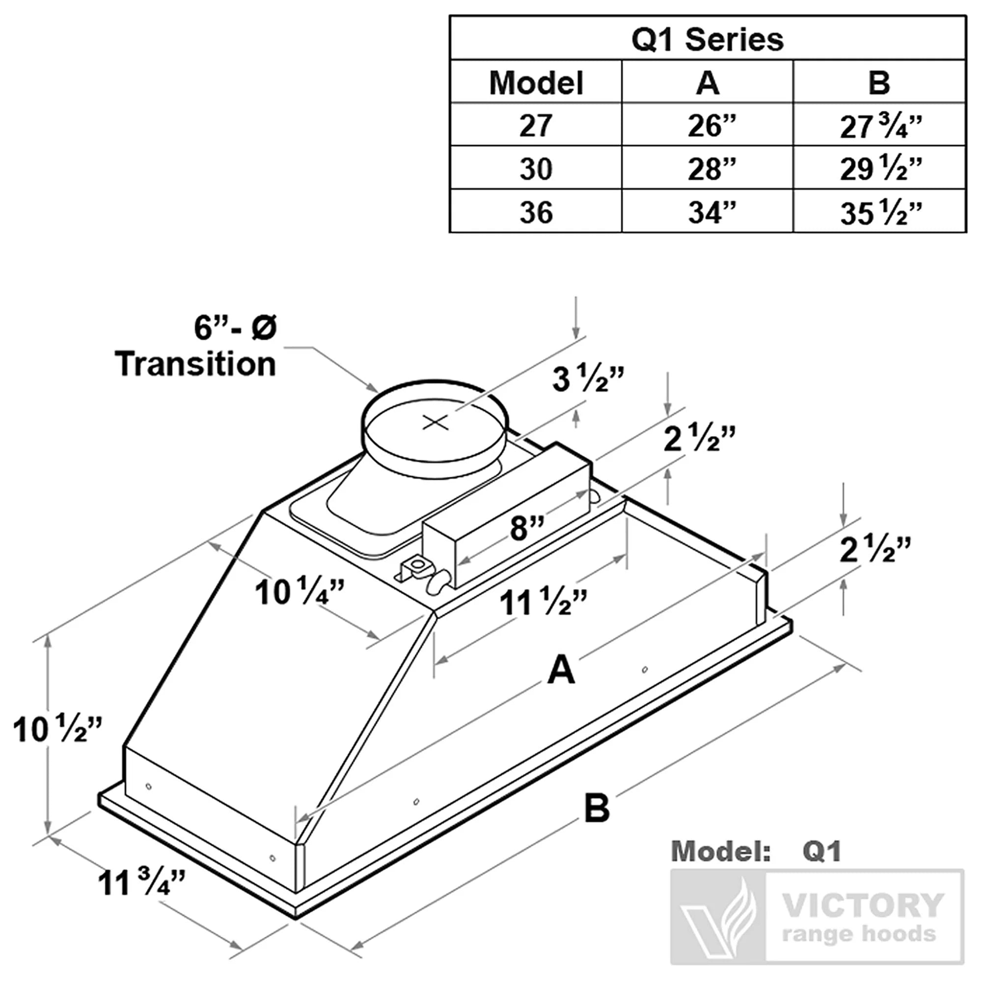 Stainless steel range hood insert dimensions diagram with collar and transition