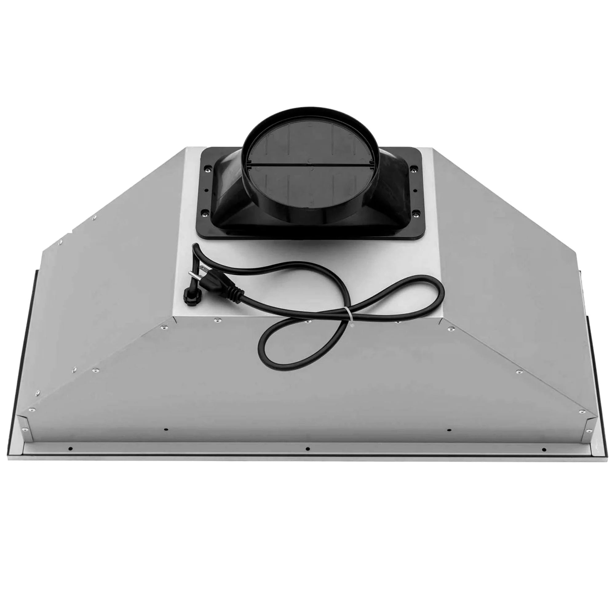 Stainless steel range hood insert underside with round blower motor