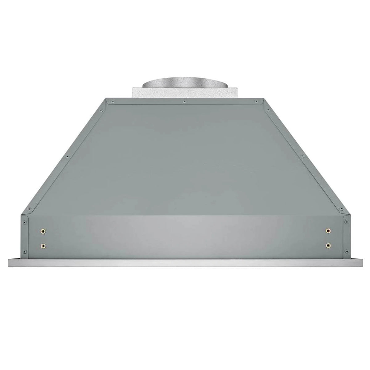 Stainless steel range hood insert side view with duct collar opening