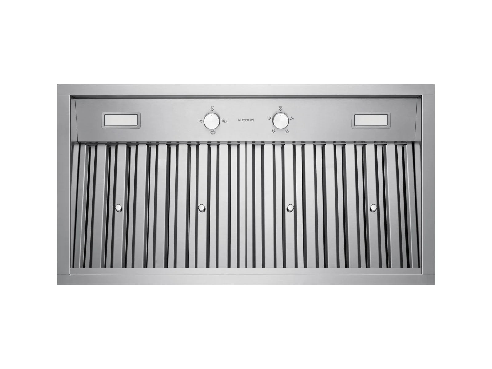 Stainless steel range hood insert front grille with filter slots and control knobs