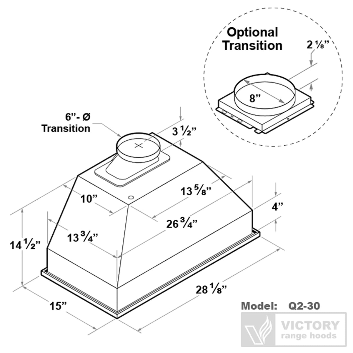 Range hood insert installation dimensions diagram (Model Q2-30) with optional transition