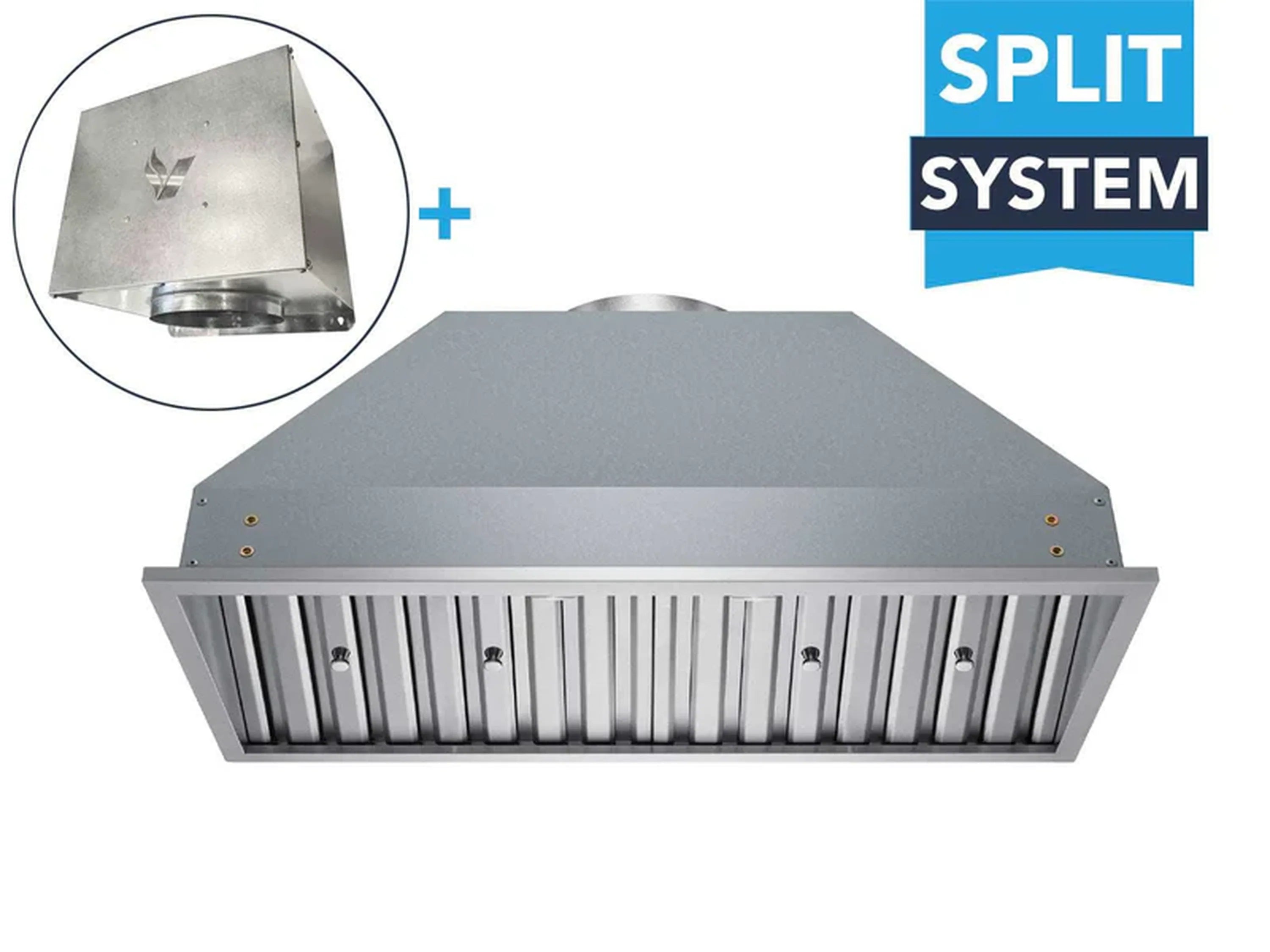 Stainless steel range hood insert with split system concept and rear exhaust area