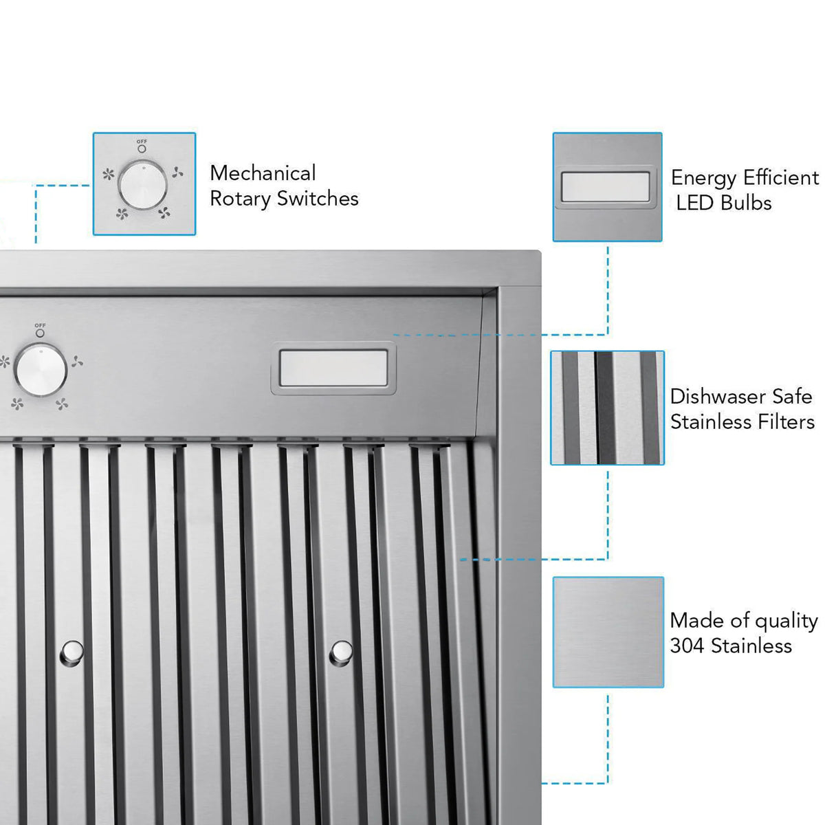 Stainless steel range hood insert with rotary controls, LED lights, and stainless filters