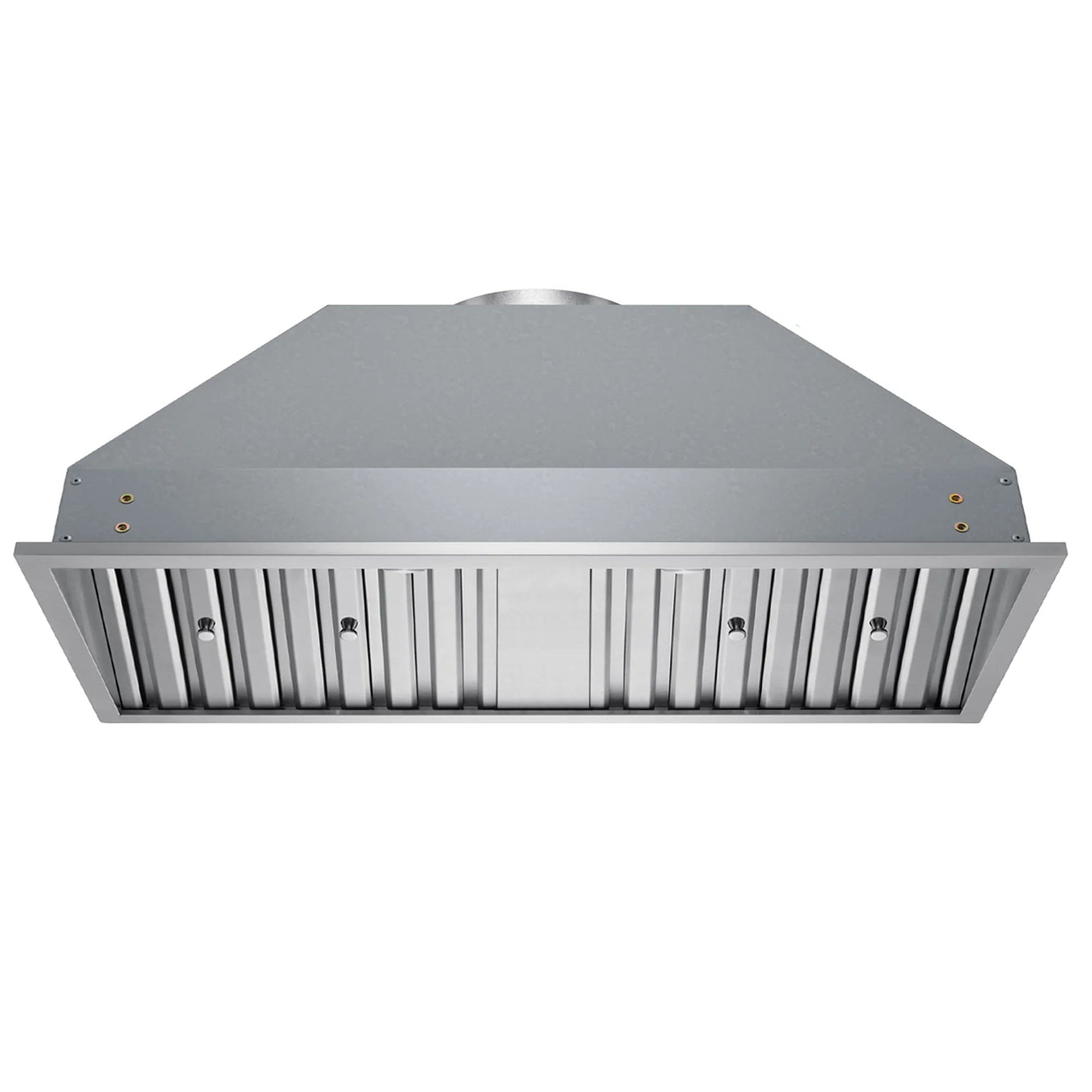 Stainless steel insert range hood with front baffle filter grille and round vent outlet