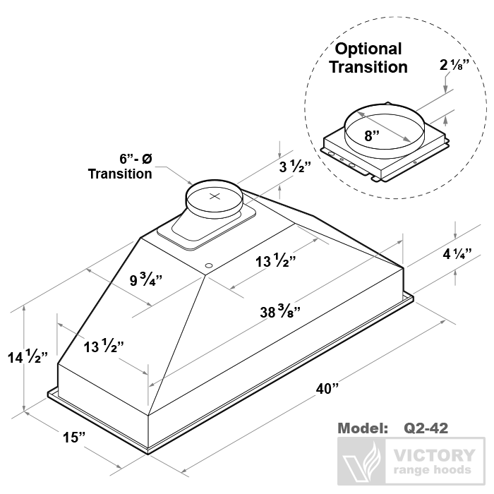 Range hood insert dimension diagram for model Q2-42, showing vent and cutout sizes