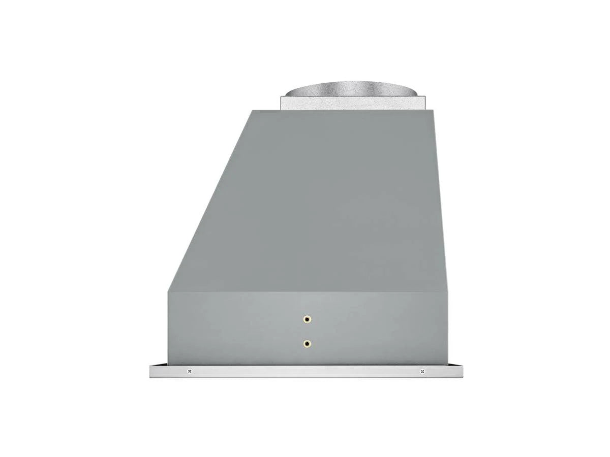 Stainless steel range hood insert canopy with small indicator holes near bottom