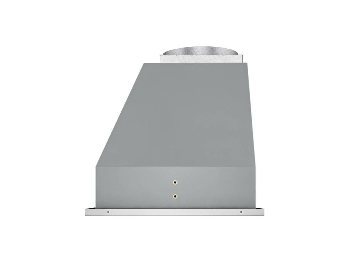Stainless steel range hood insert underside view with round top duct collar
