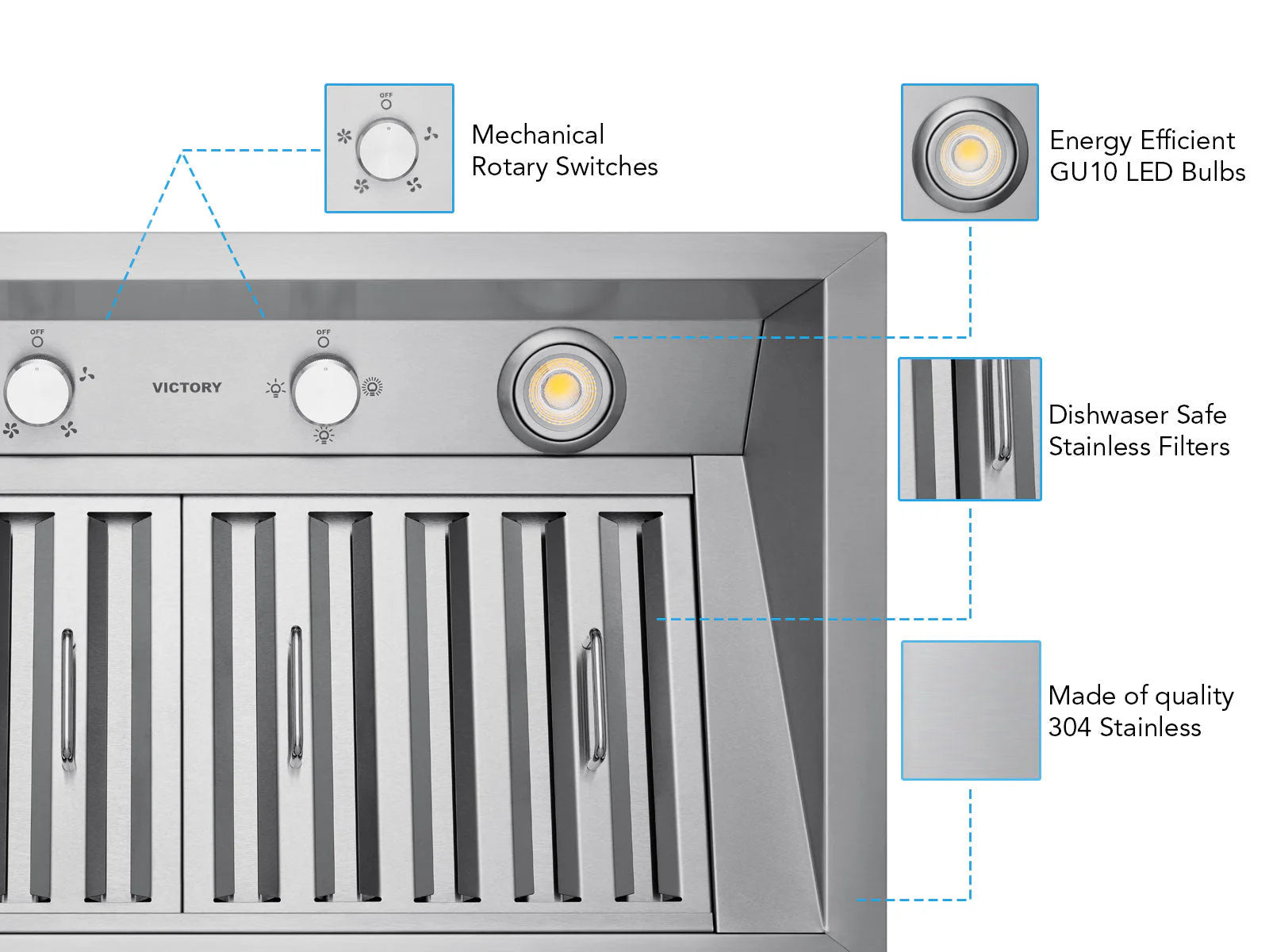 Stainless steel range hood insert front with rotary controls and vent slots