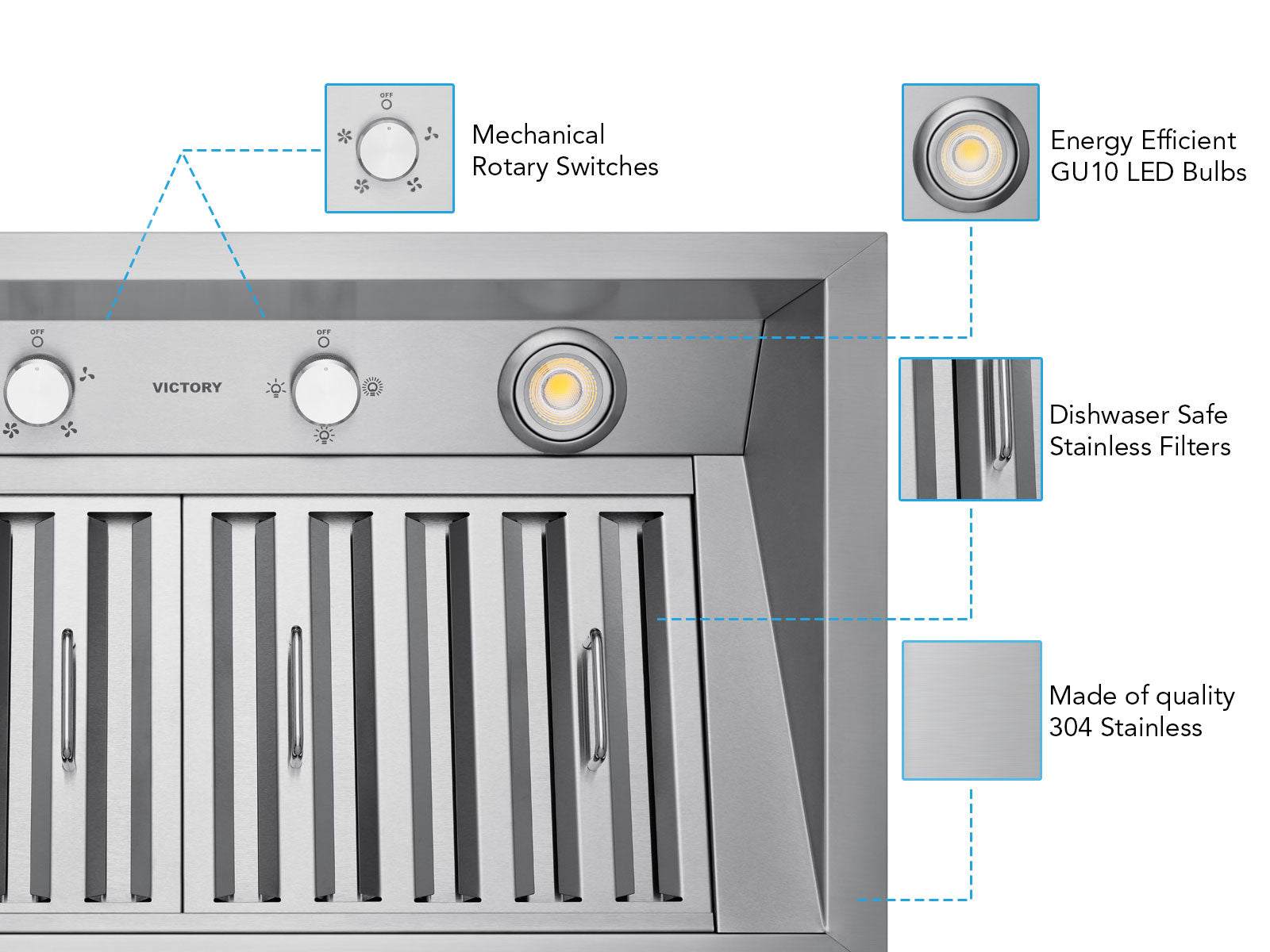 Stainless steel range hood insert control panel with rotary switches and filter grille