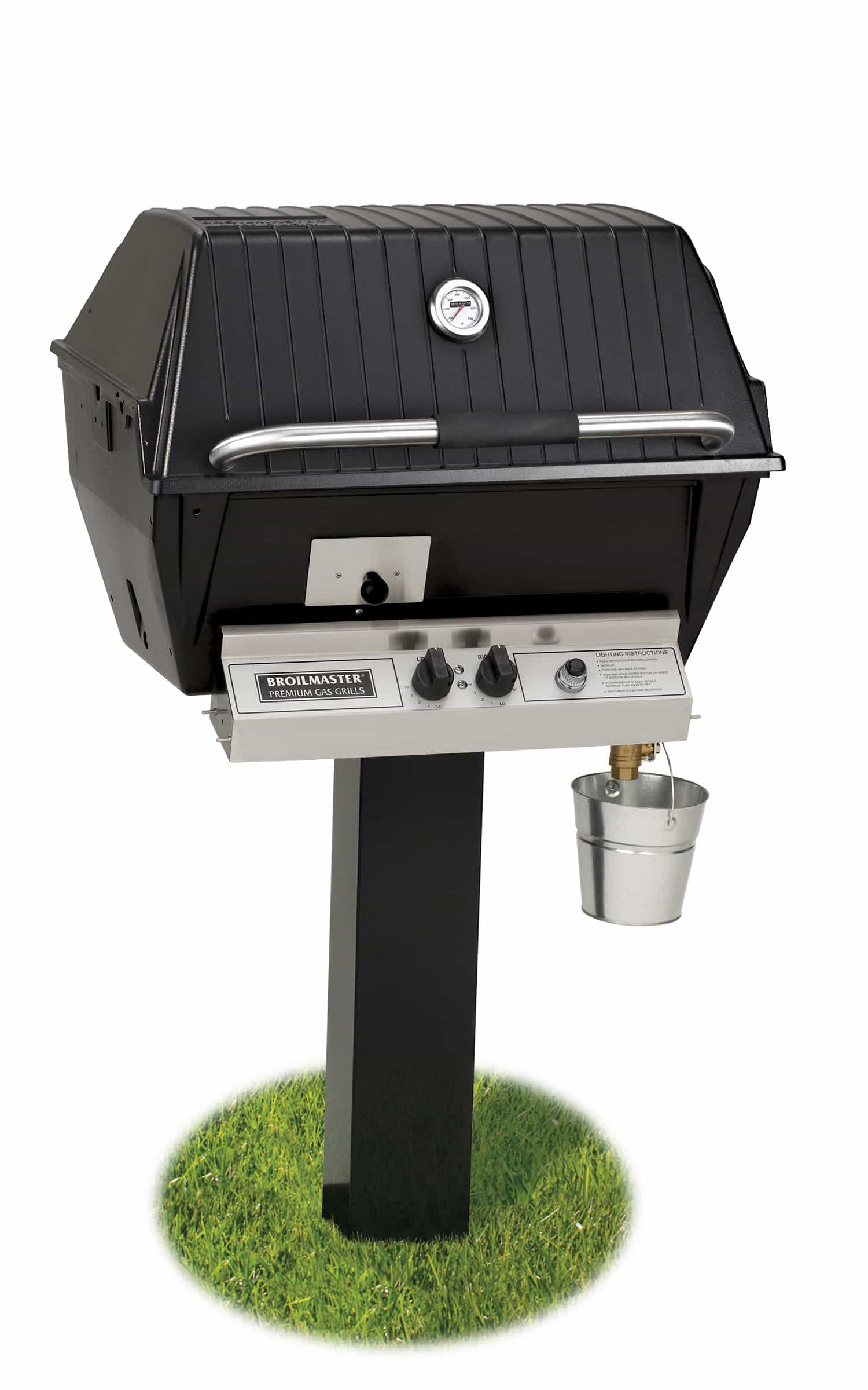 Black painted steel in-ground post with mounted grill control panel and side cup