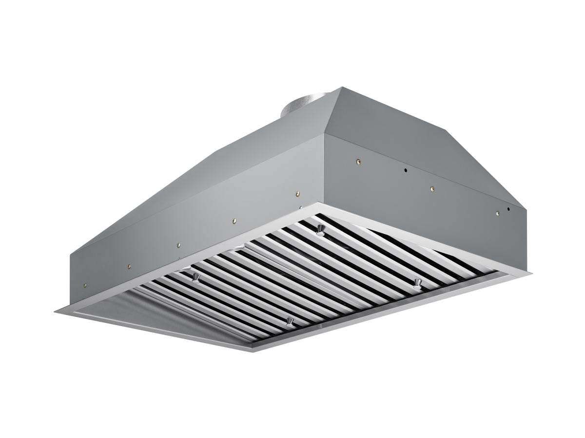 Stainless steel insert range hood exterior with angled sides and round outlet