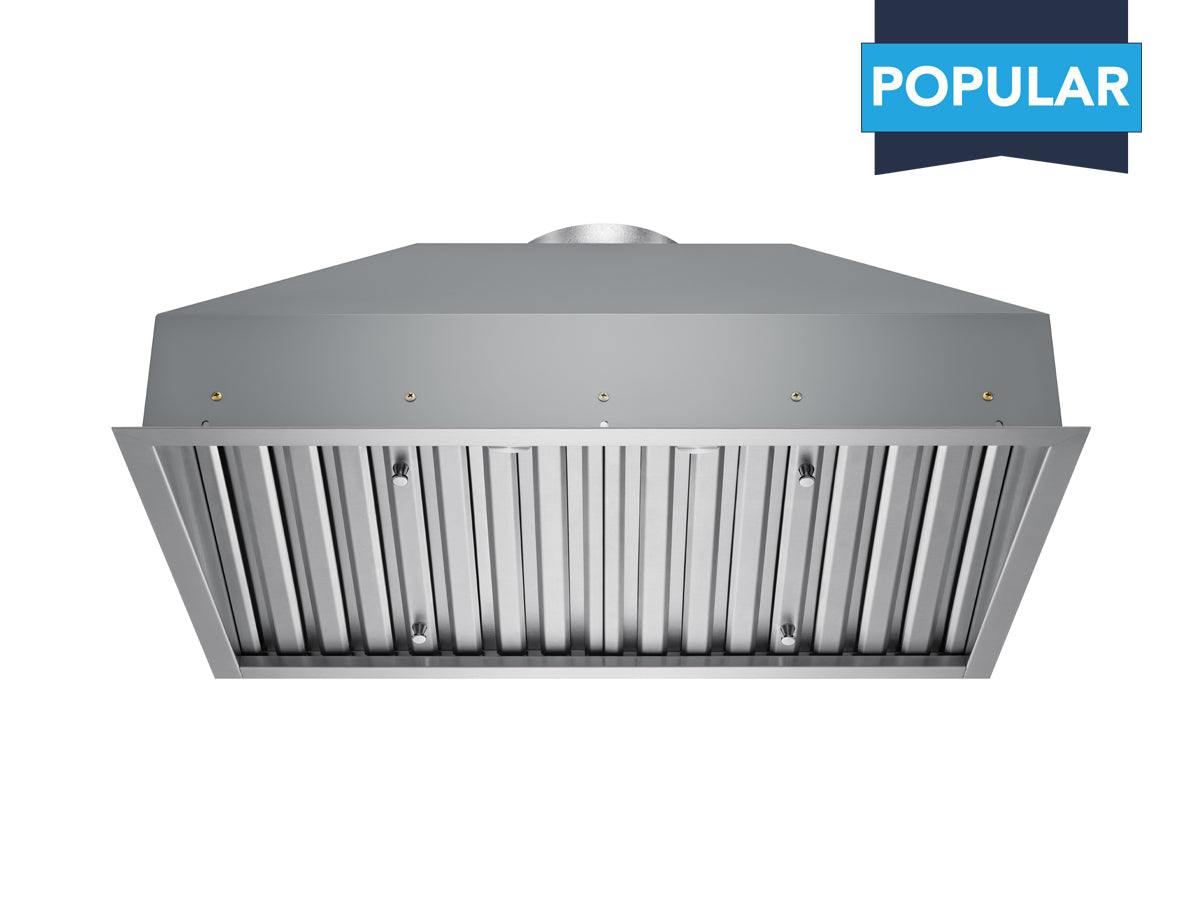 Stainless steel insert range hood with slotted baffle filters and round vent outlet
