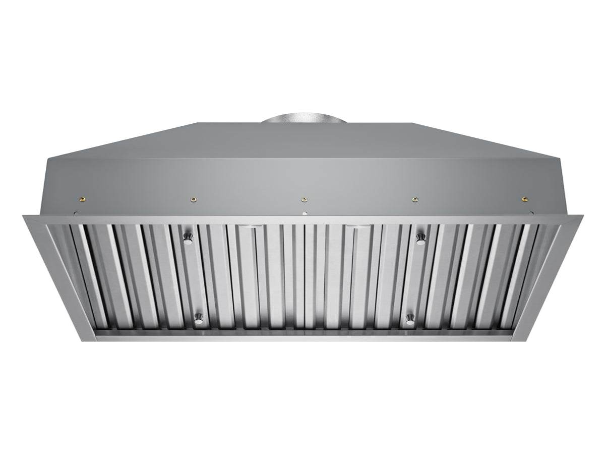 Stainless steel insert range hood with slotted underside and front vent panel