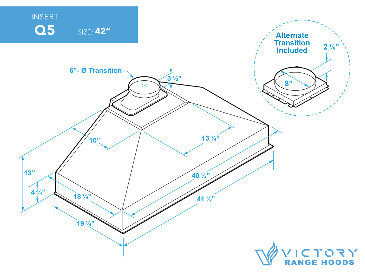 Victory Q5 42-inch range hood insert with 450/600 CFM remote blower (Q5-42-RB)