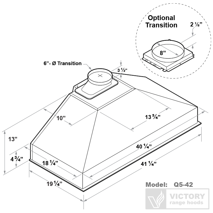 Range hood insert dimension diagram, optional 8 in transition and 6 in outlet.