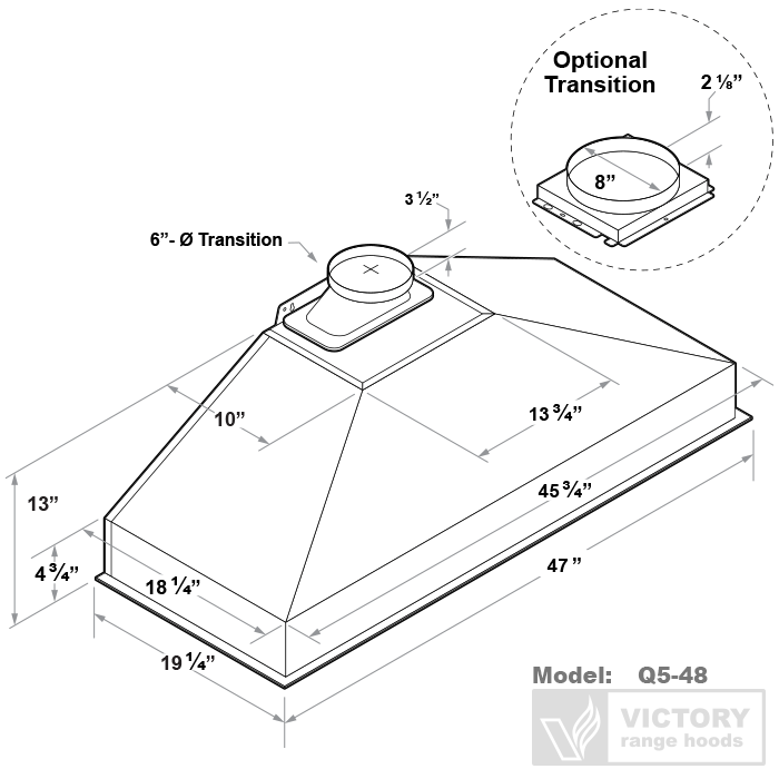 Insert range hood dimensions diagram for model Q5-48 stainless steel