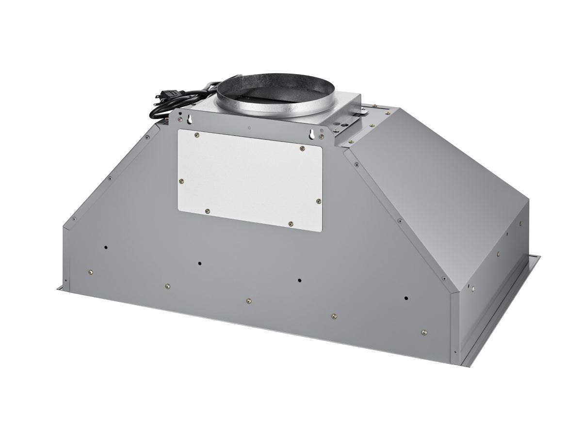 Stainless steel insert range hood blower housing with round duct collar