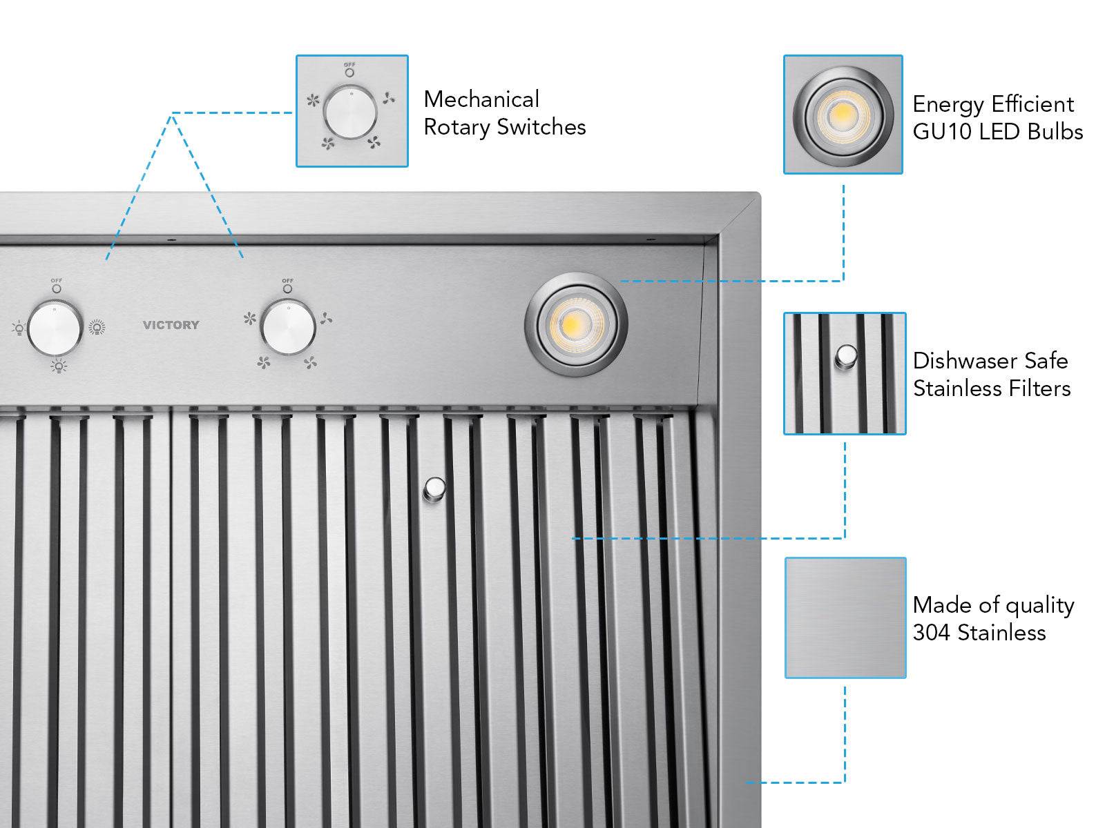 Stainless steel insert range hood control panel with rotary switches and lights