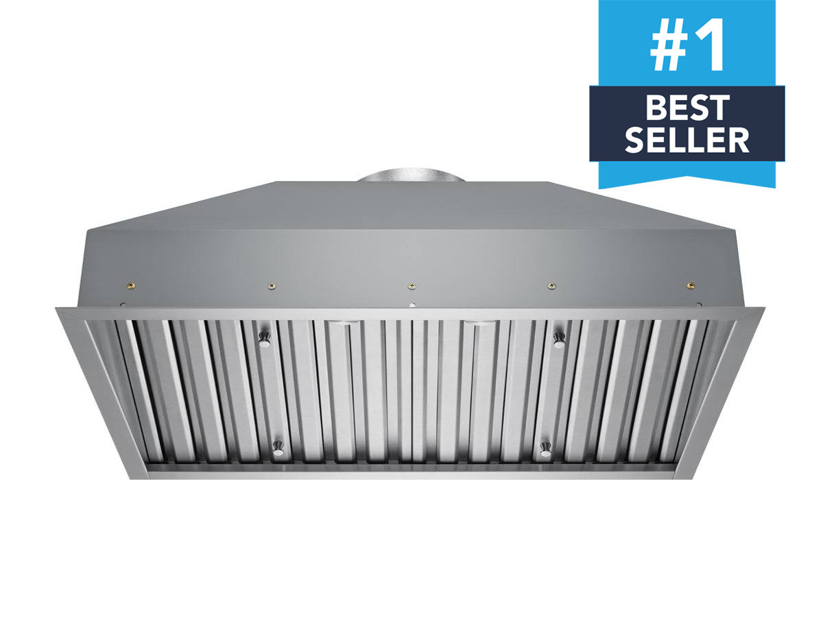 Stainless steel 36-inch range hood insert with vertical baffle filters and vent hood cover