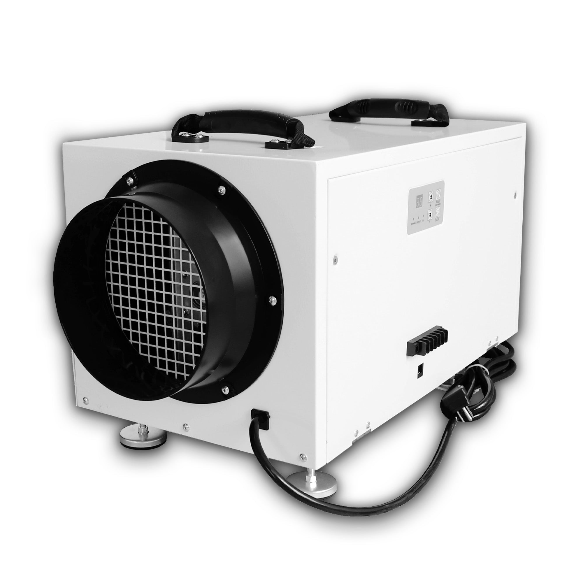 White ductable commercial dehumidifier with black inlet/outlet flanges and power cord