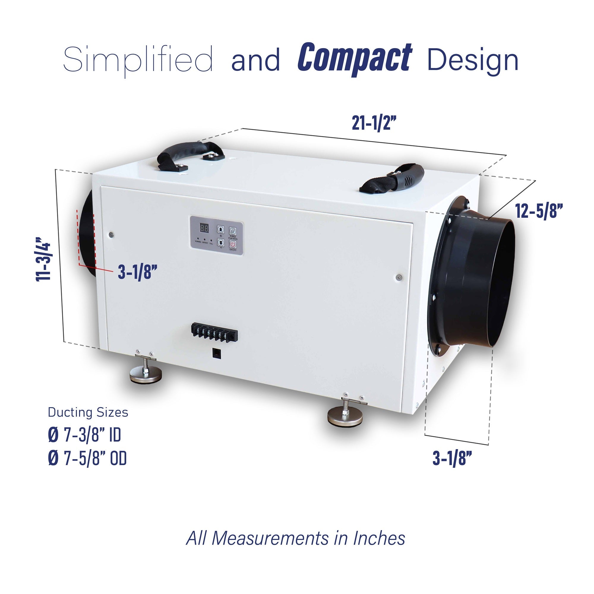 Compact white ductable dehumidifier with mounting legs, control panel, and duct openings