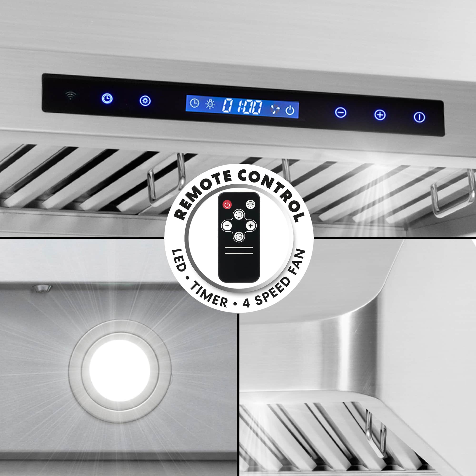 Stainless range hood control panel with digital display and blue indicator lights