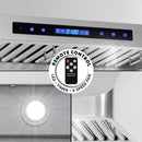 Stainless steel range hood control panel with touch buttons and digital display