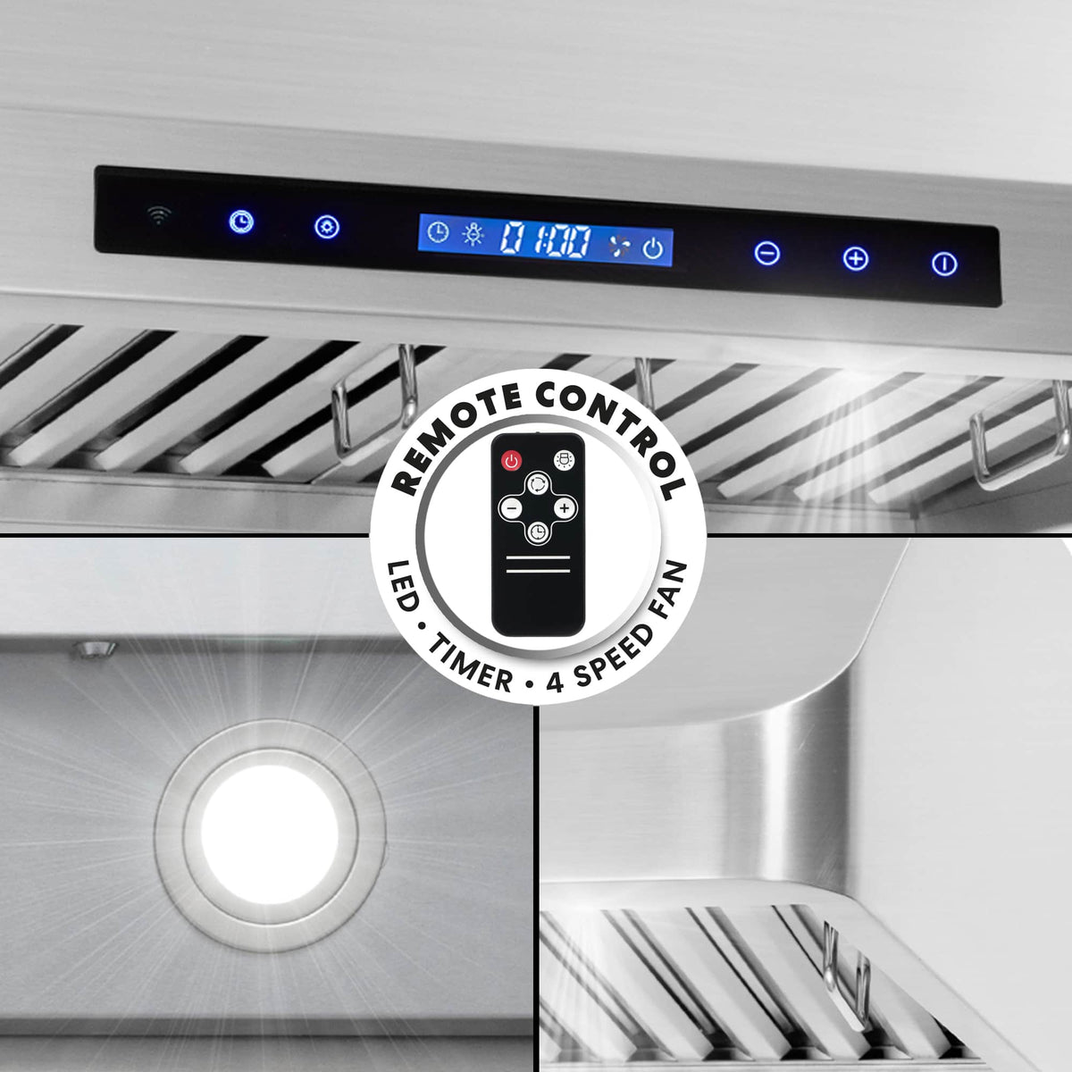 Stainless steel range hood touch controls with remote-control feature