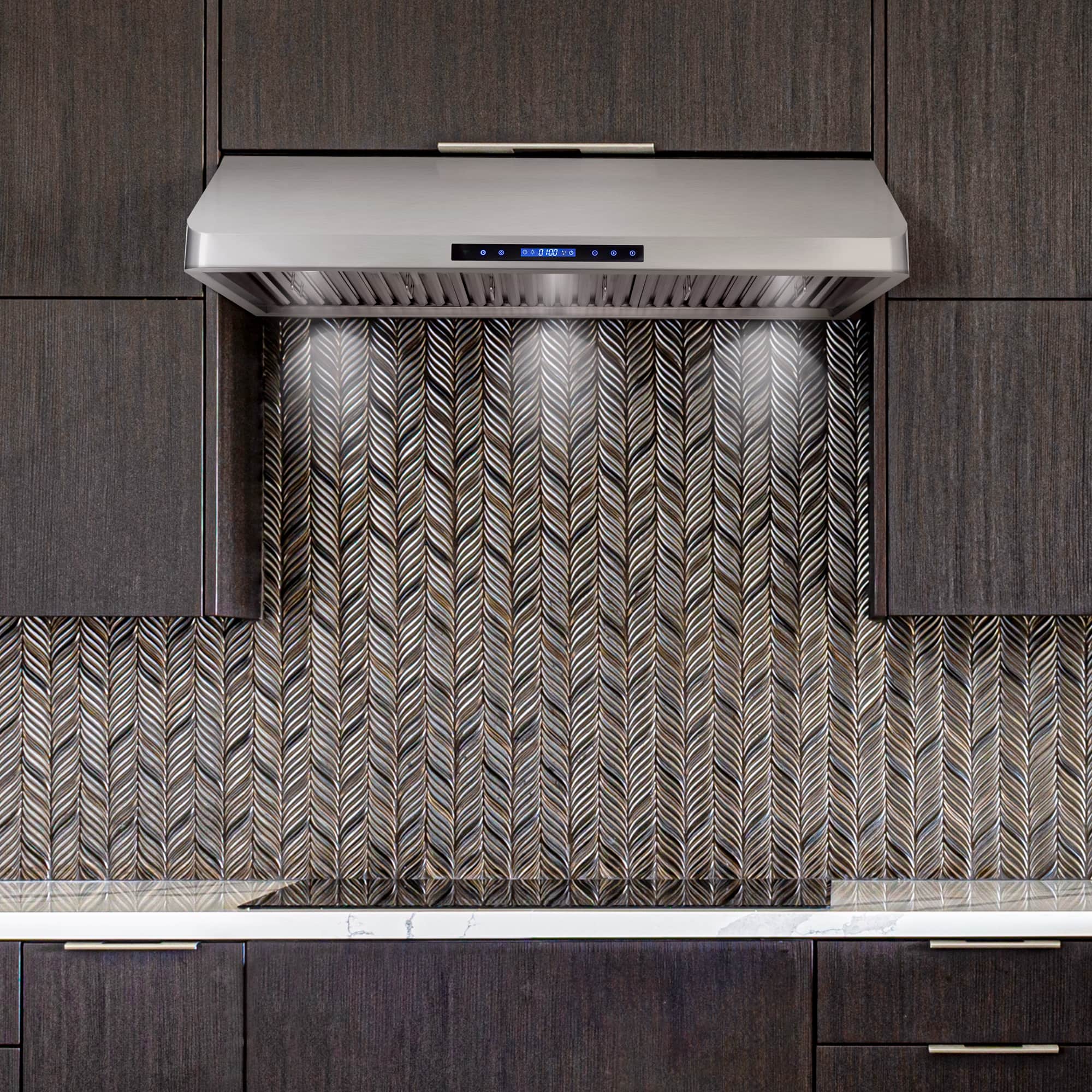 Stainless steel under-cabinet range hood with vent grille and blue digital controls