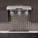 Stainless steel under-cabinet range hood with vent grille and blue digital controls