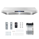 Stainless steel under-cabinet range hood with vented grille and control panel