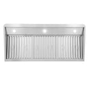Stainless under-cabinet range hood interior with metal baffle filter panels