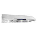 Stainless steel ducted under-cabinet range hood with control panel and grille