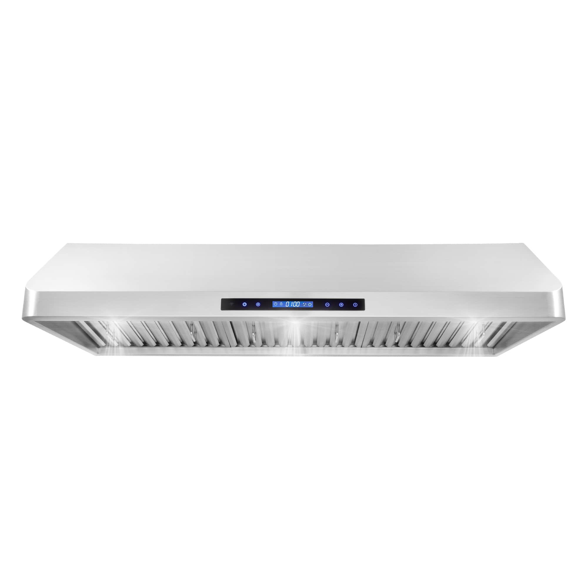 Stainless steel ducted under-cabinet range hood showing vent grille and LED controls