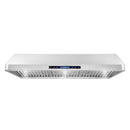 Stainless steel ducted under-cabinet range hood showing vent grille and LED controls
