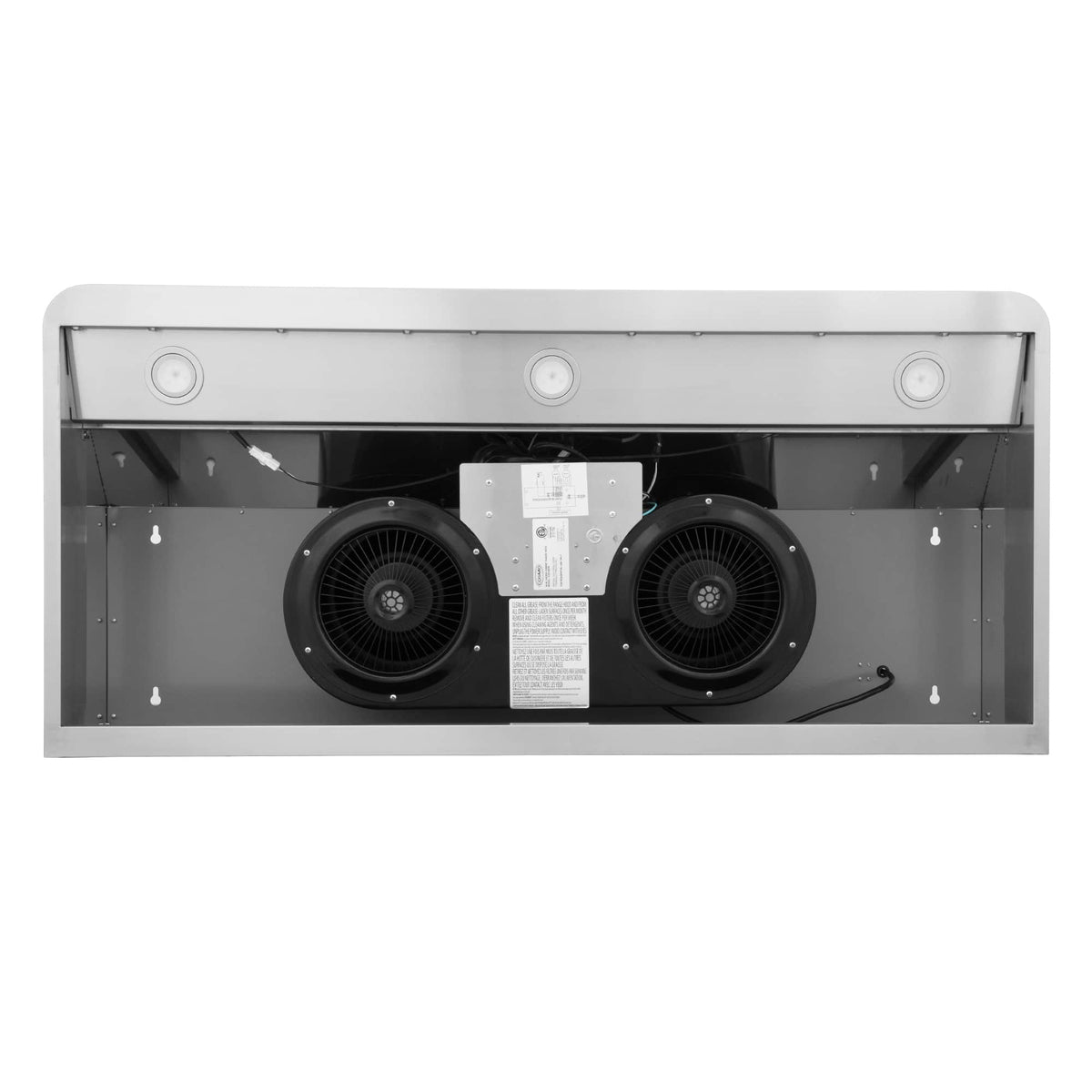 Stainless steel range hood interior with dual turbine fans