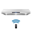 Stainless steel under-cabinet range hood with remote control and wireless icon
