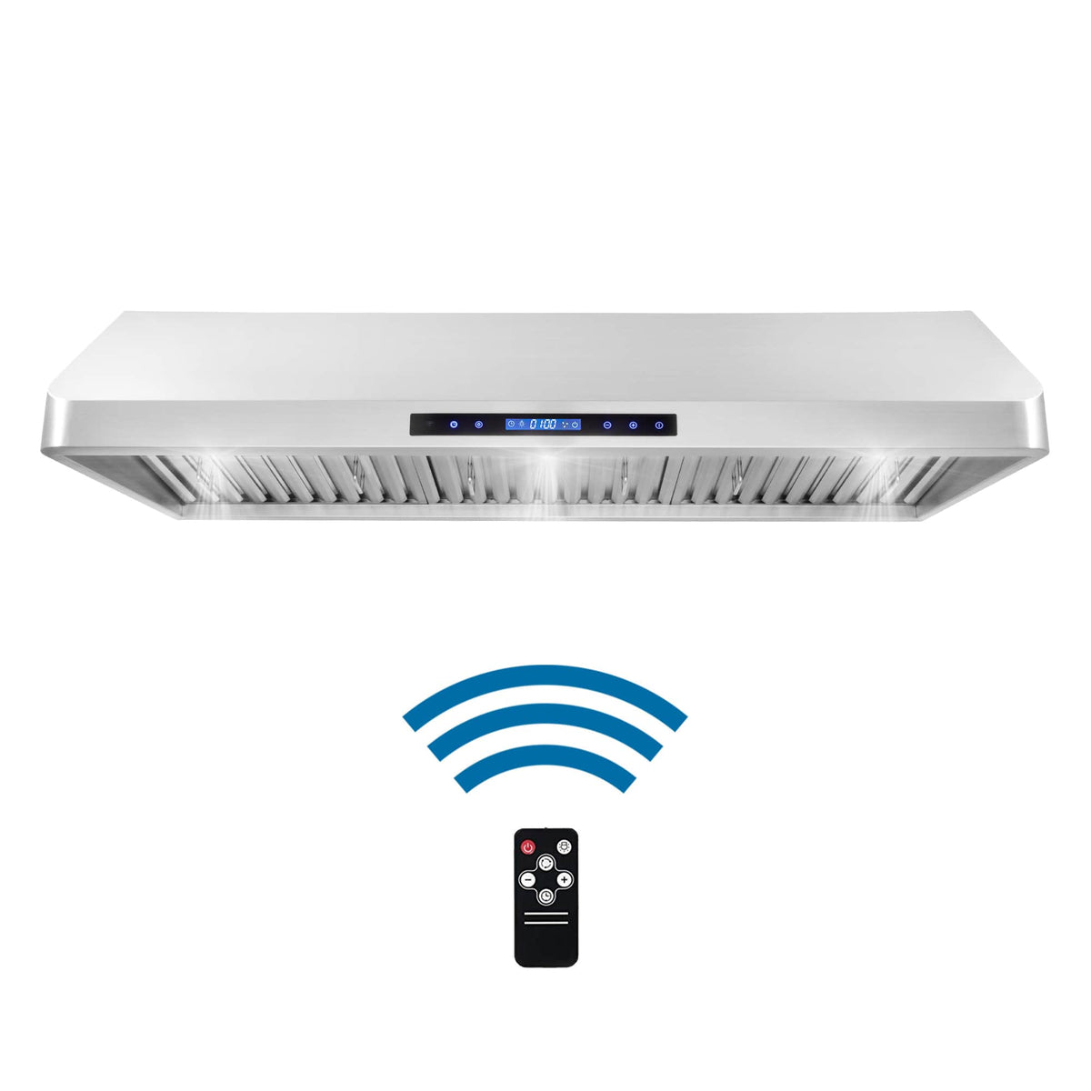 Stainless steel range hood with Wi‑Fi signal icon and remote control feature