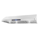 Stainless steel under-cabinet range hood angled view with vent grille