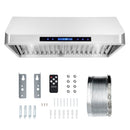 Stainless steel under-cabinet range hood with front digital control panel and baffle filters