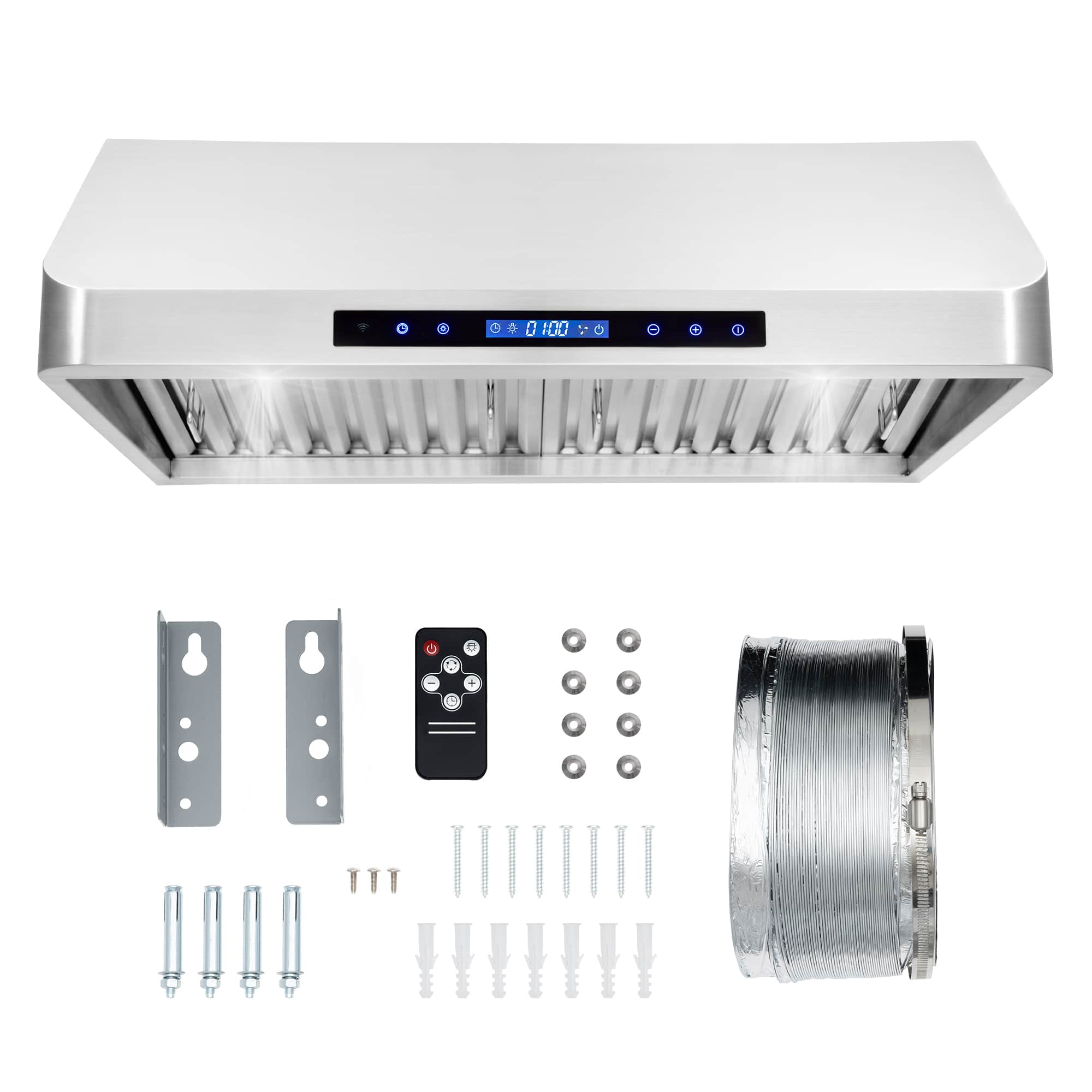 Stainless steel range hood with included mounting parts and remote control (shown separately)