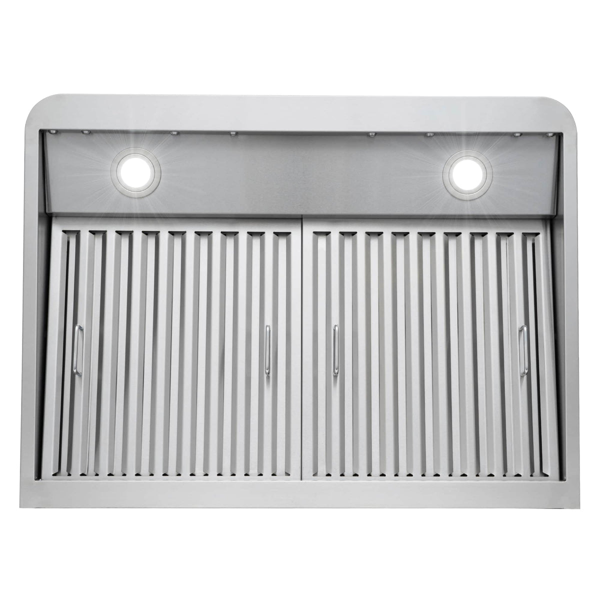 Stainless steel range hood underside showing baffle filter rows and two circular light openings